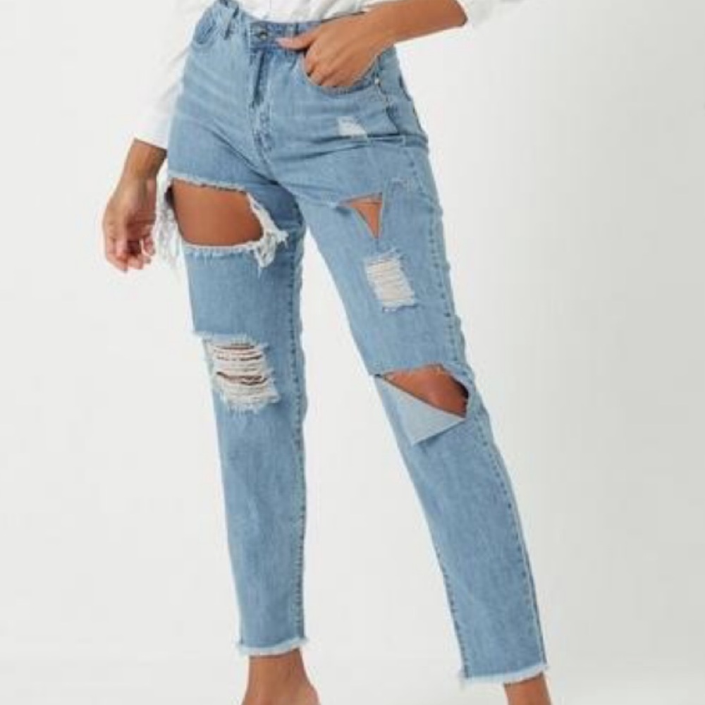 Missguided High Rise Ripped Denim Mom Jeans